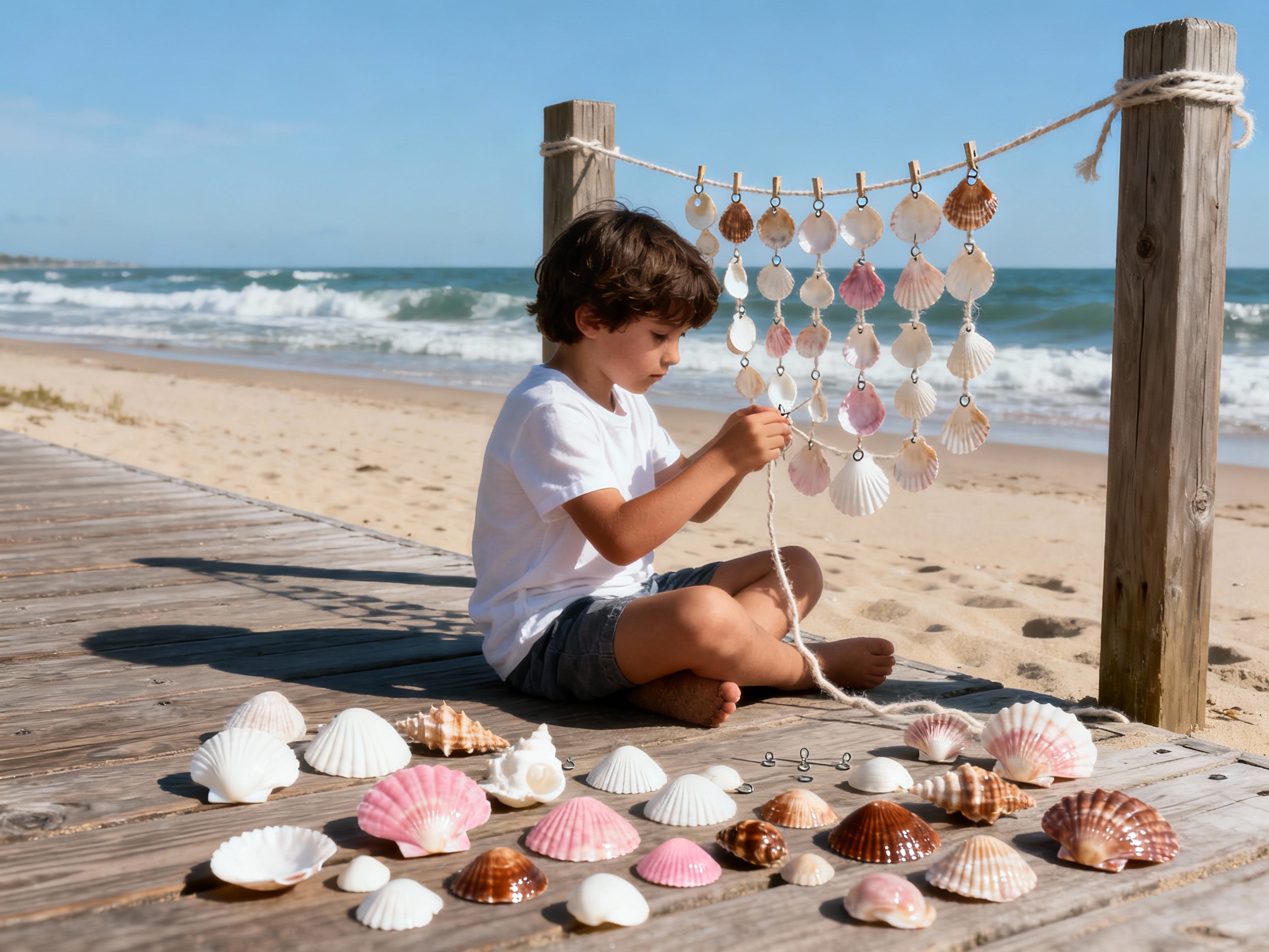 Enfant qui fabrique un rideau de coquillages sur la plage