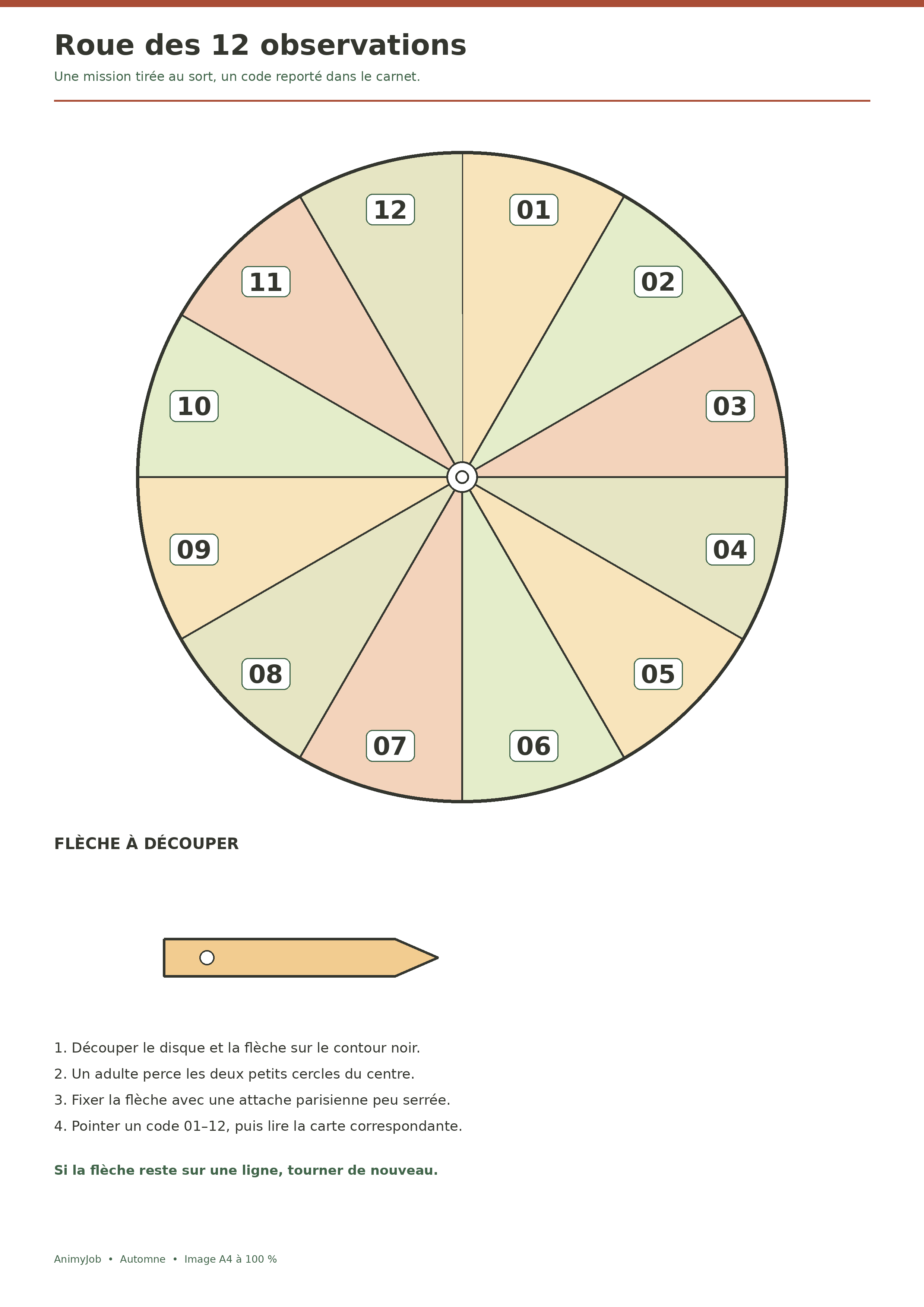 Roue d’observation d’automne A4 à douze secteurs numérotés, flèche à découper et instructions d’assemblage