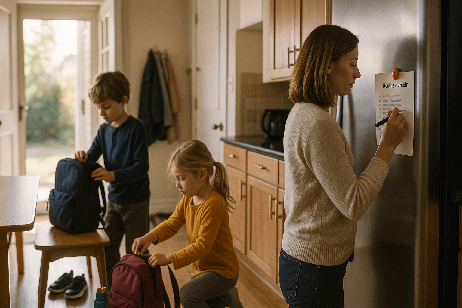 Routine du matin pour enfants organisée avec checklist au frigo