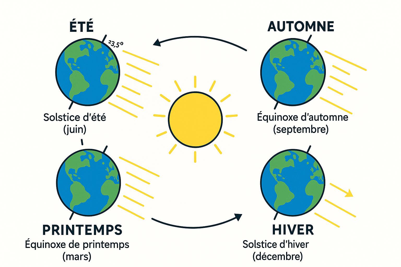 Schéma des quatre saisons : la Terre inclinée tourne autour du Soleil (révolution), positions aux solstices et équinoxes)