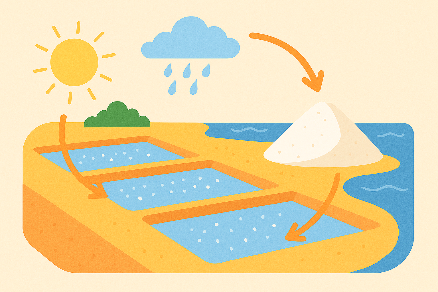 Schéma des salins : bassins, soleil et évaporation de l’eau ; le sel se concentre.