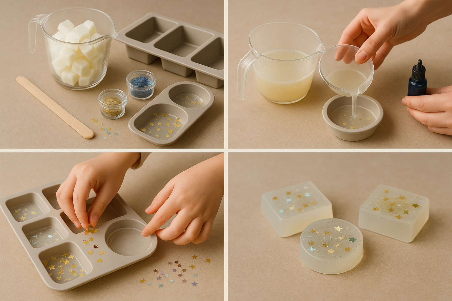 Savons glycérine transparents avec étoiles et paillettes – tutoriel 4 étapes