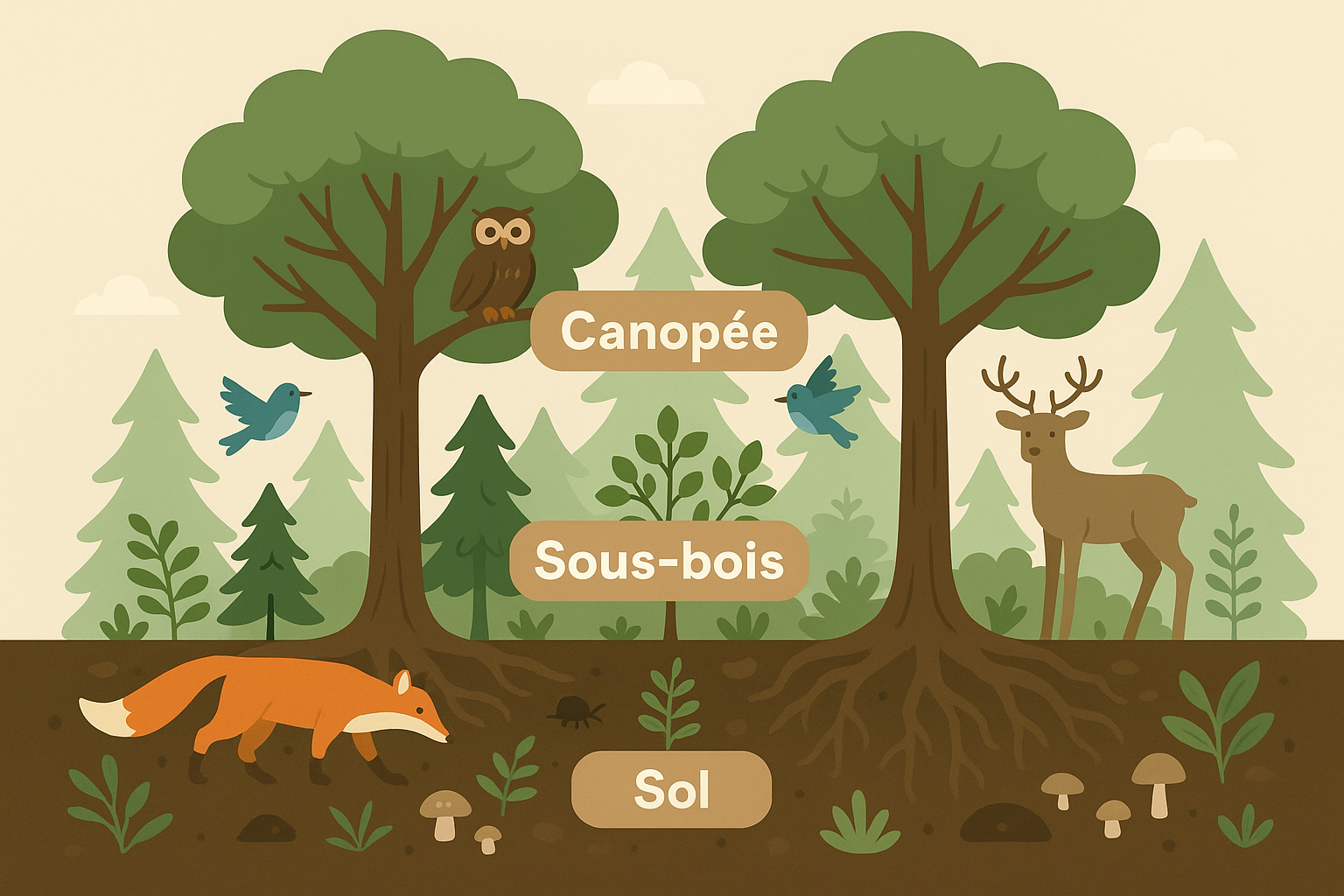 Scène de forêt avec renard, cerf, oiseaux et chouette
