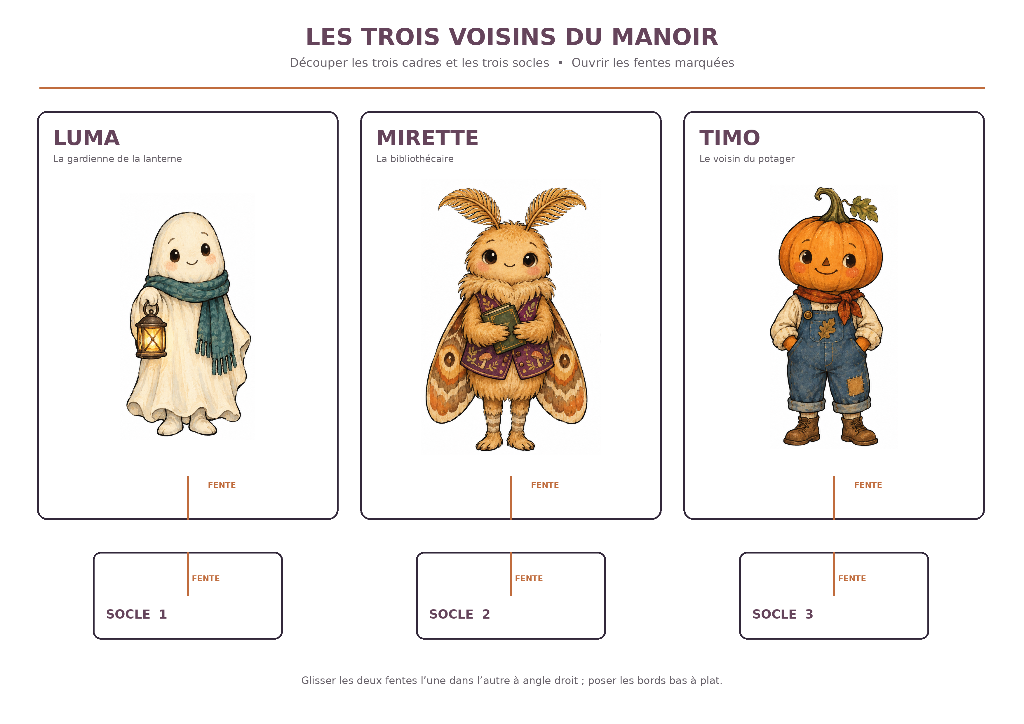 Trois personnages Halloween sur cadres à découper, avec trois socles à fentes croisées distincts