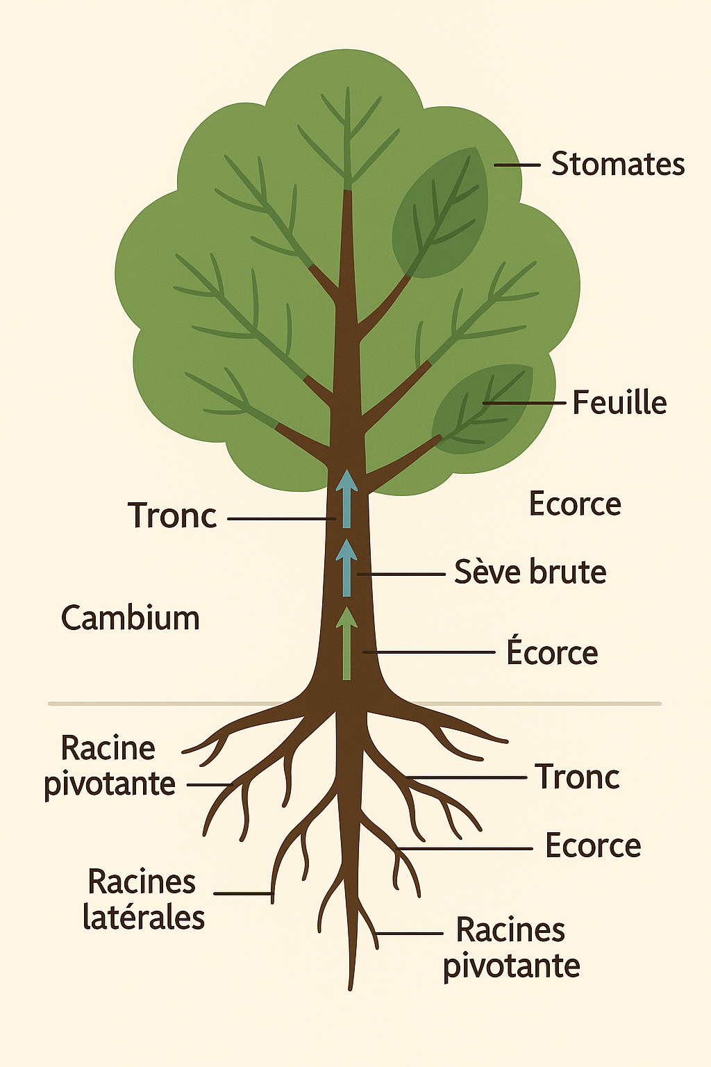 Schéma annoté de l'arbre : racines, tronc, cambium, écorce, feuilles et sève