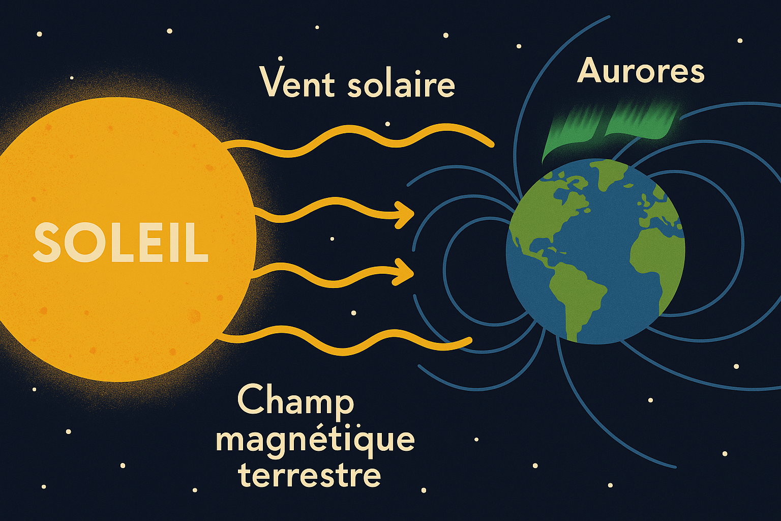 Schéma Soleil, vent solaire, champ magnétique terrestre et aurores en français