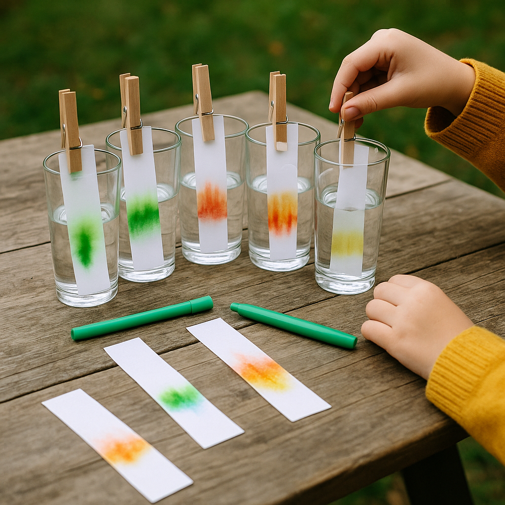 Bande de papier avec séparation de pigments, expérience d’automne.