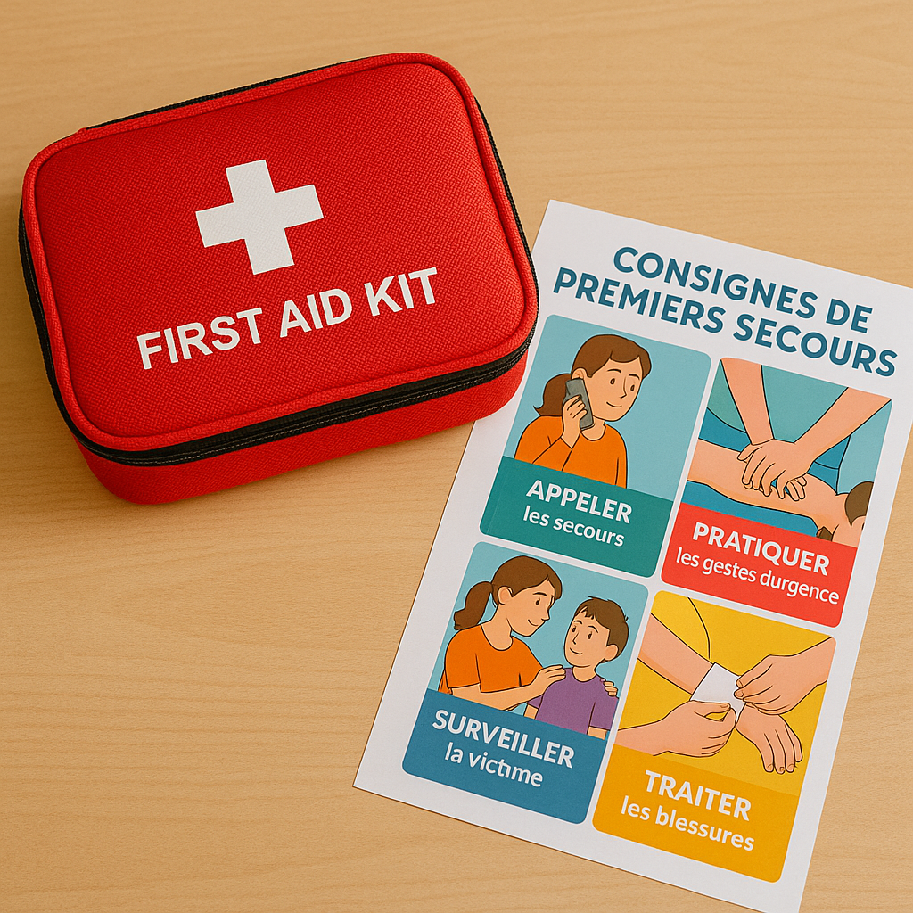 Trousse de premiers secours rouge et affiche en français des consignes de premiers secours.