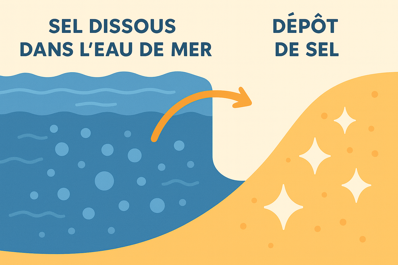 Illustration : sel dissous dans l’eau de mer et dépôt de sel sur la plage.