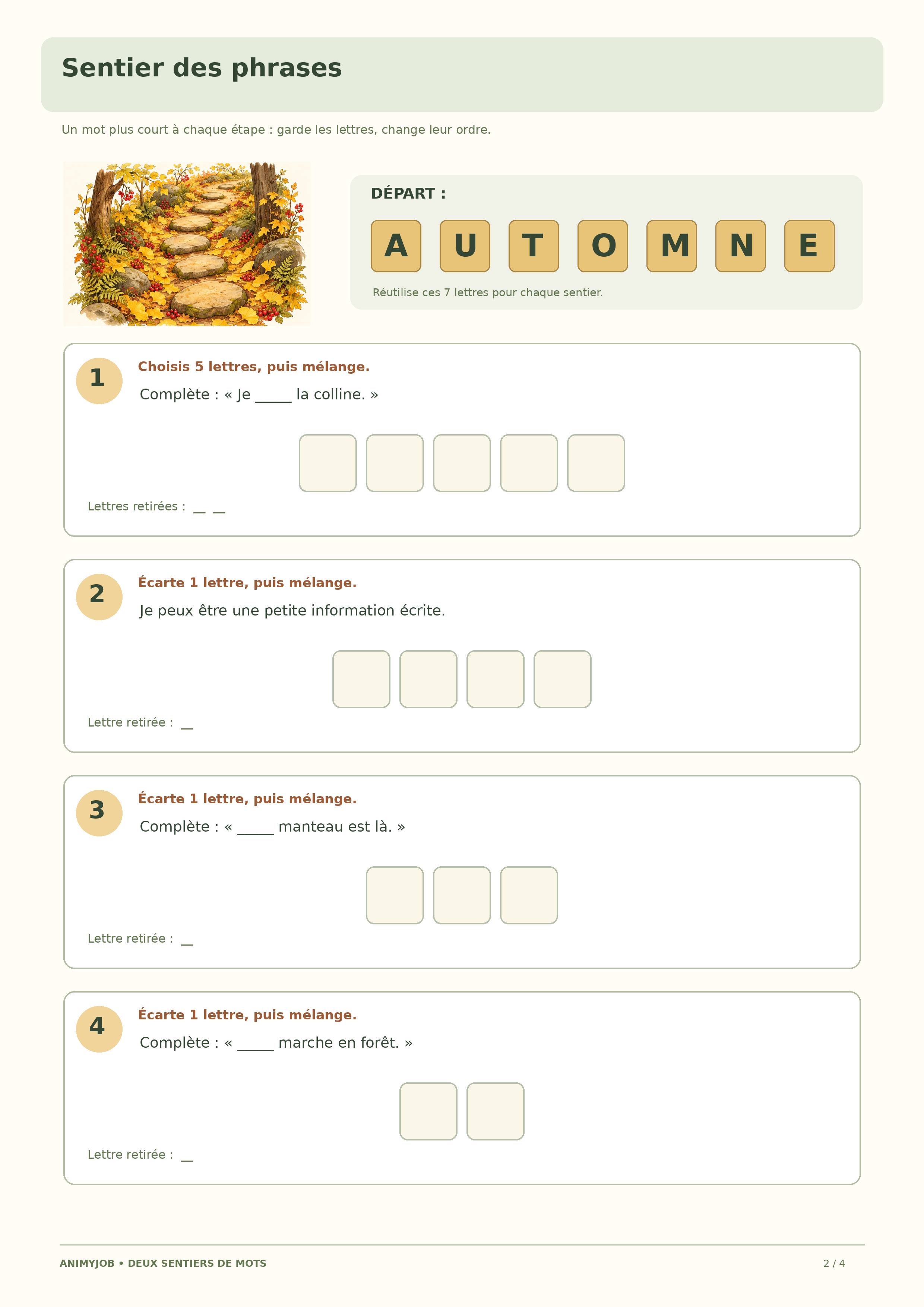 Deuxième sentier de quatre mots avec indices de phrases et cases de cinq à deux lettres
