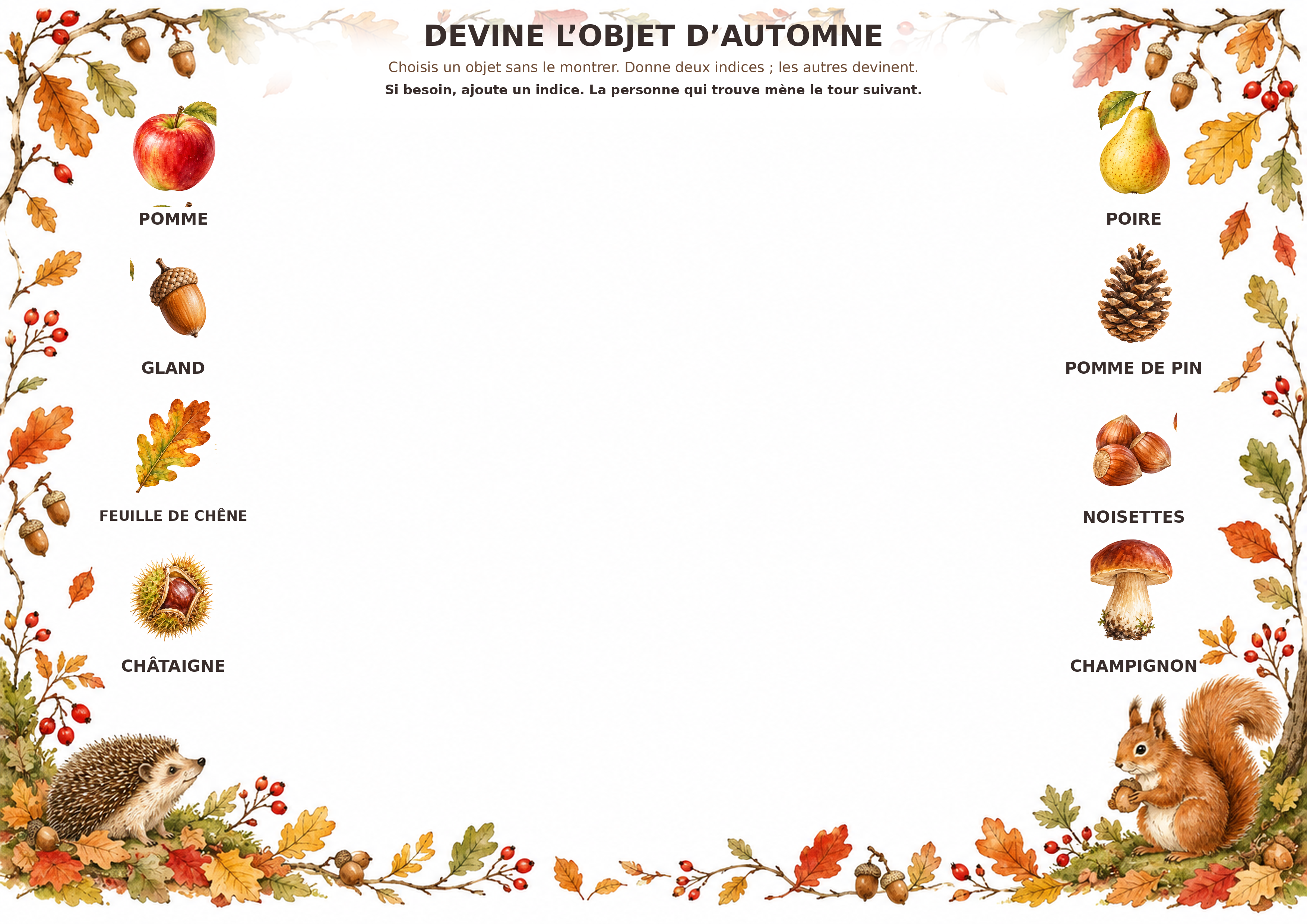 Set de table d’automne A4 paysage avec huit objets pour un jeu de devinettes oral
