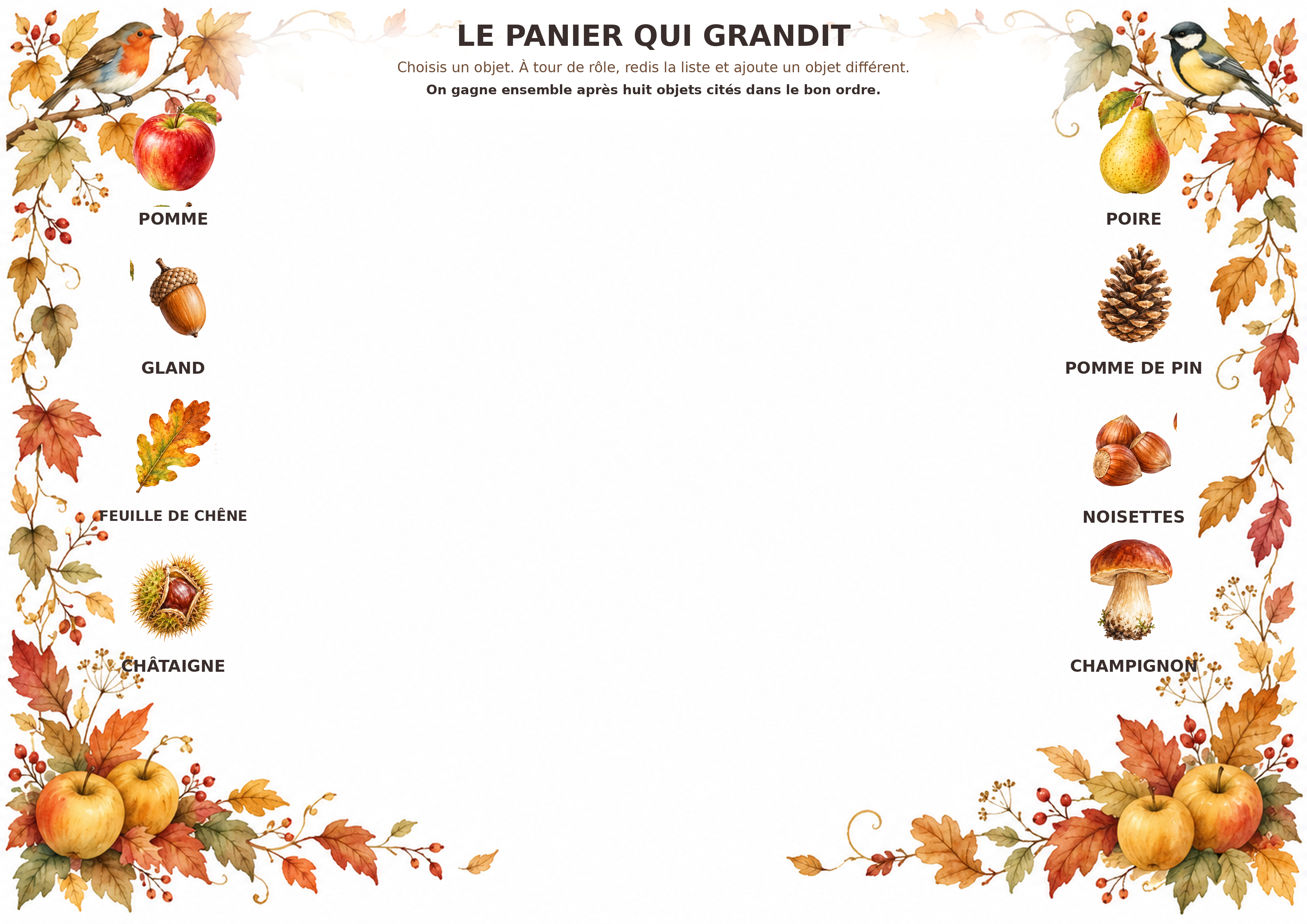 Set de table d’automne A4 paysage avec huit objets pour un jeu de mémoire collectif