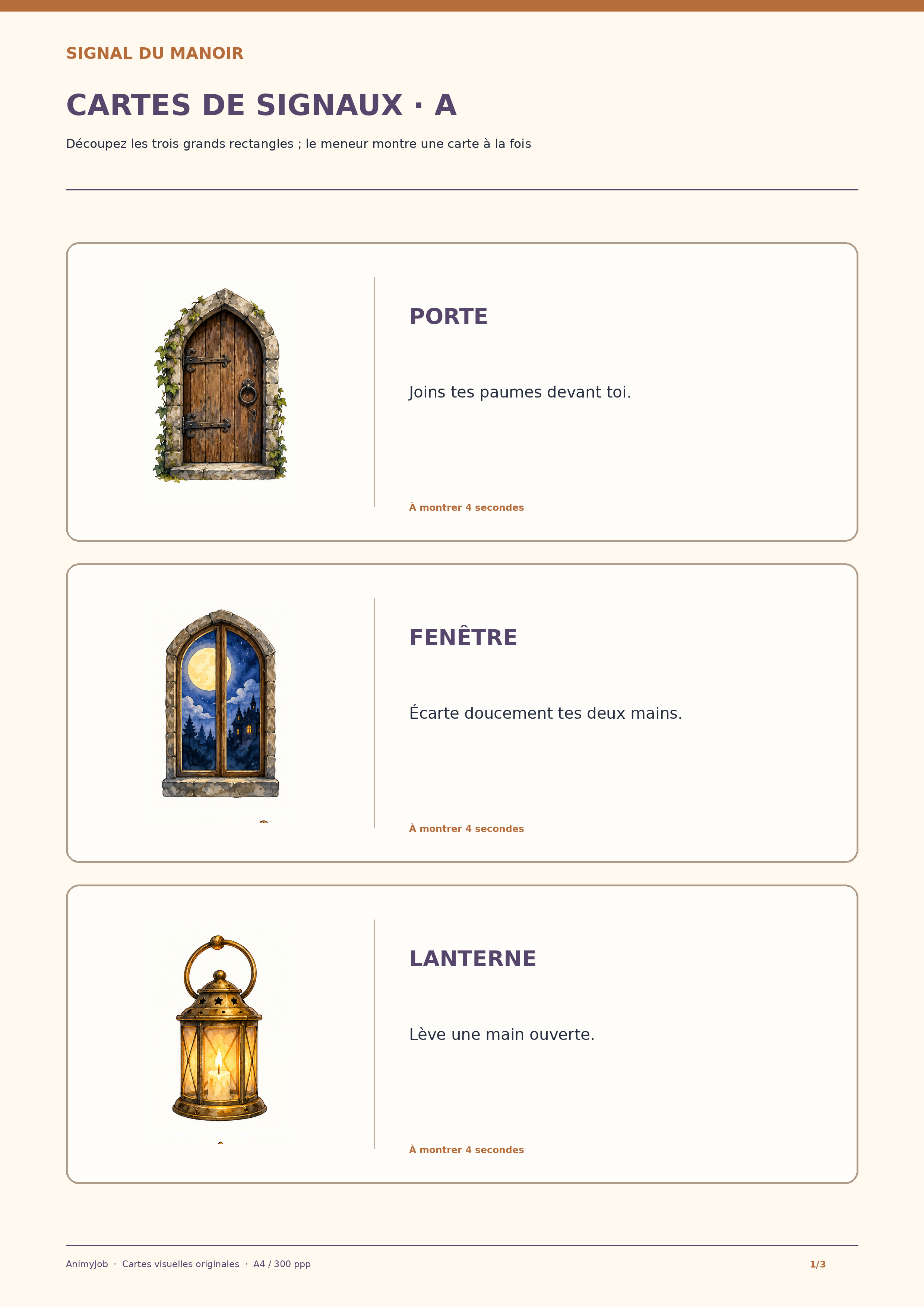 Trois grandes cartes Signal du manoir illustrées : porte, fenêtre et lanterne avec gestes associés
