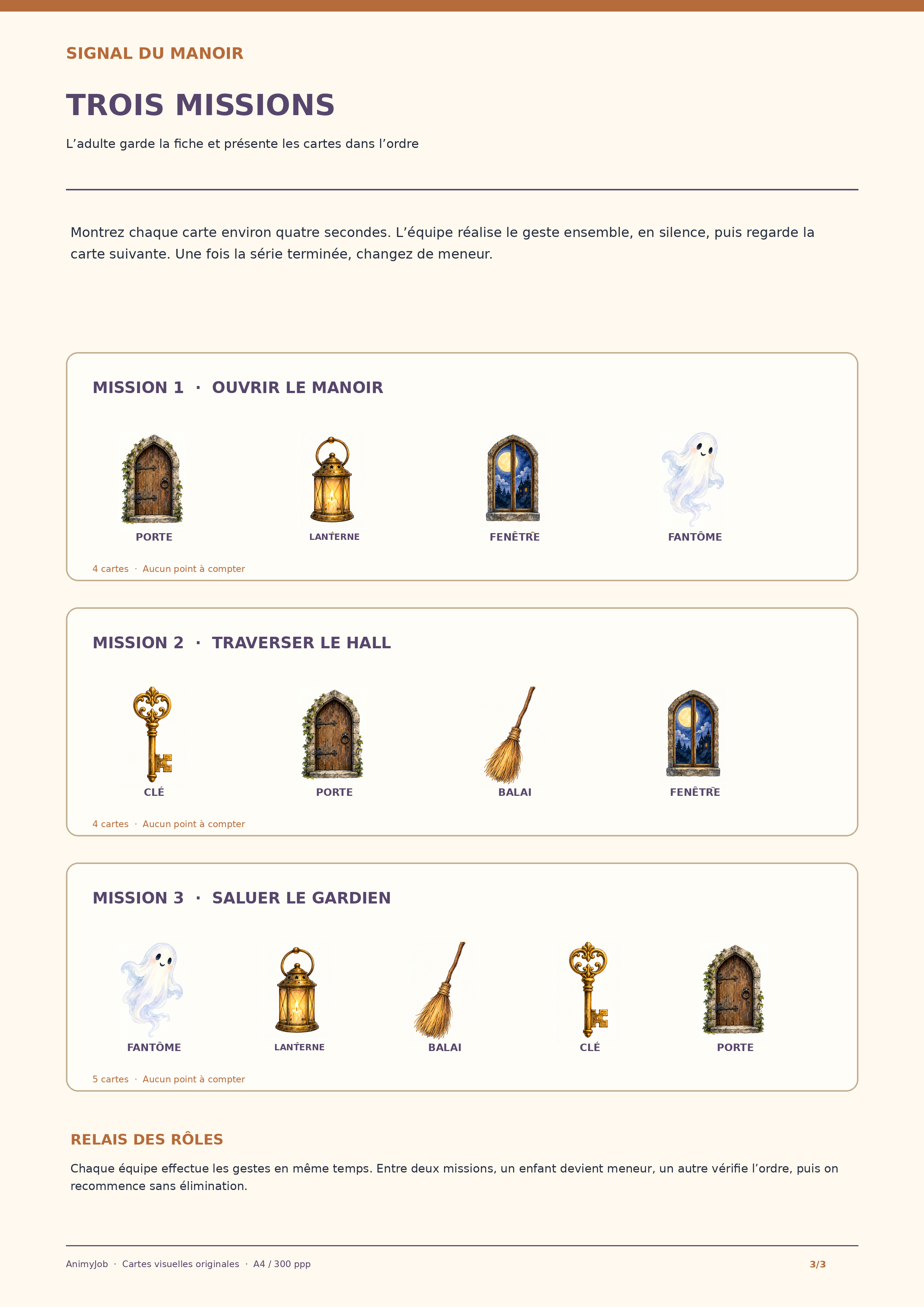 Fiche des trois suites de pictogrammes Halloween et règle de relais du meneur