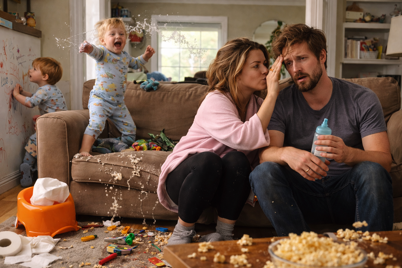 Matin chaotique avec parents fatigués et enfants surexcités