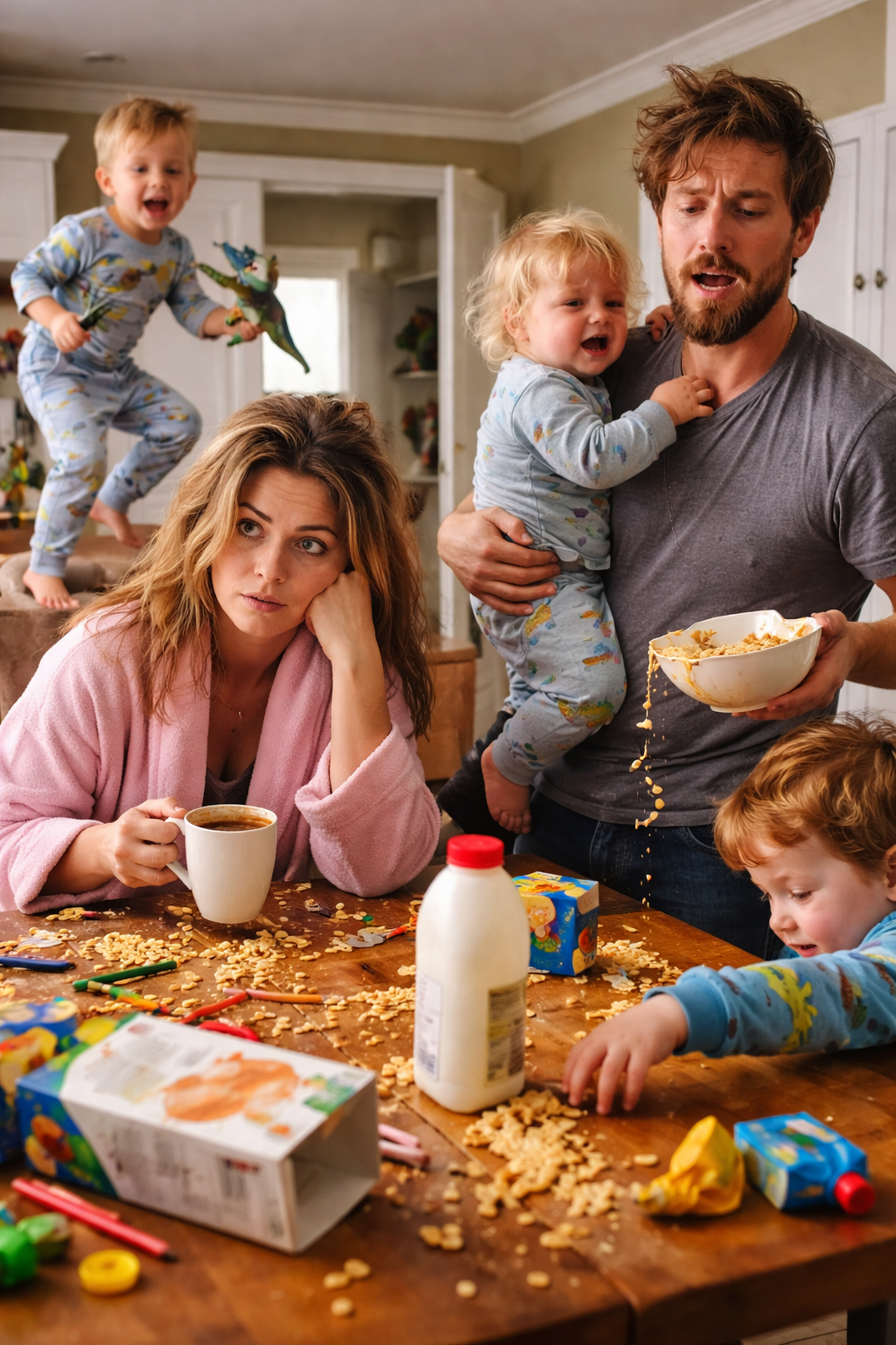 Salon en bazar avec parents épuisés et enfants en action