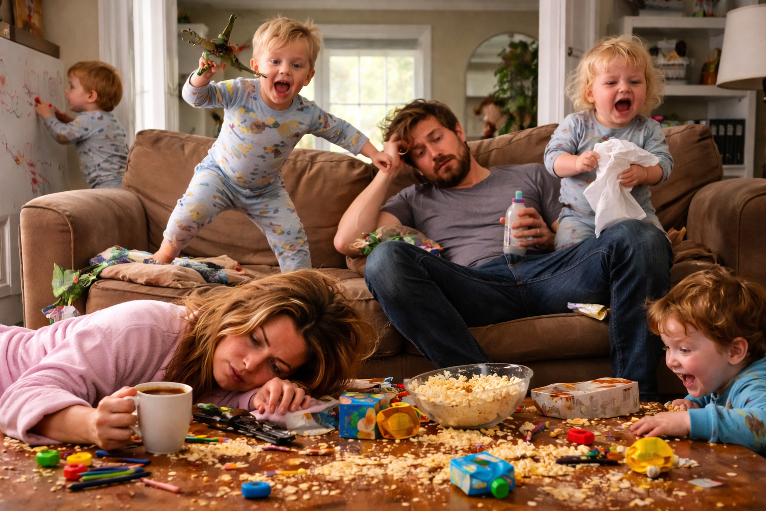 Parent savourant un moment de calme après une journée chaotique