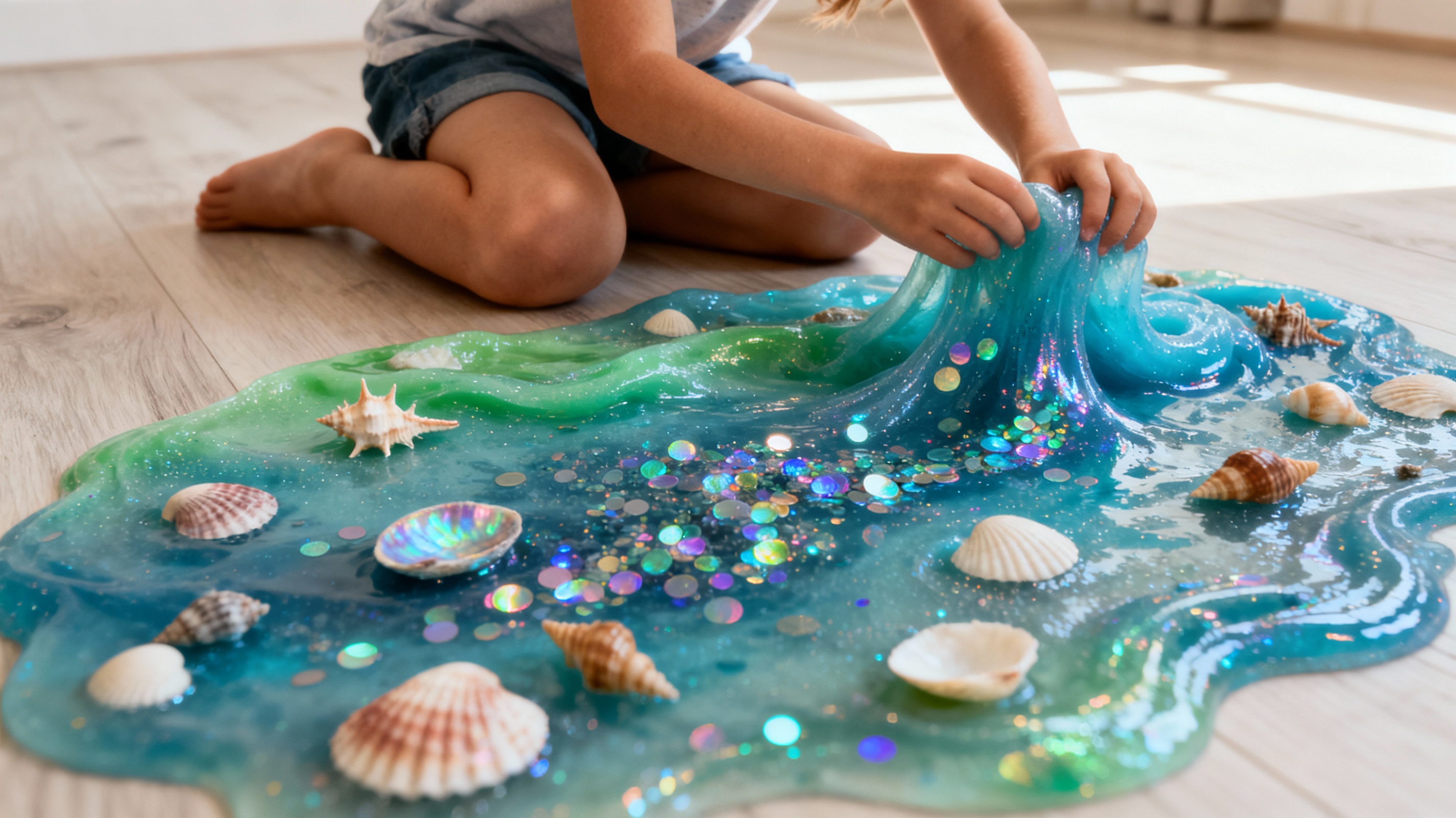 Slime océan bleu et vert avec paillettes et coquillages manipulé par un enfant