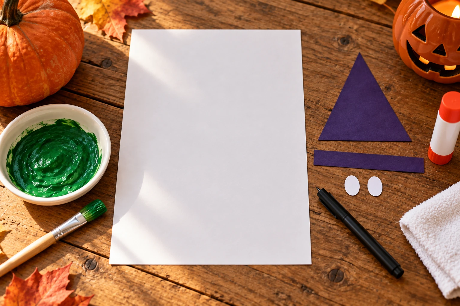Peinture verte lavable, feuille et chapeau de papier pour sorcière empreinte