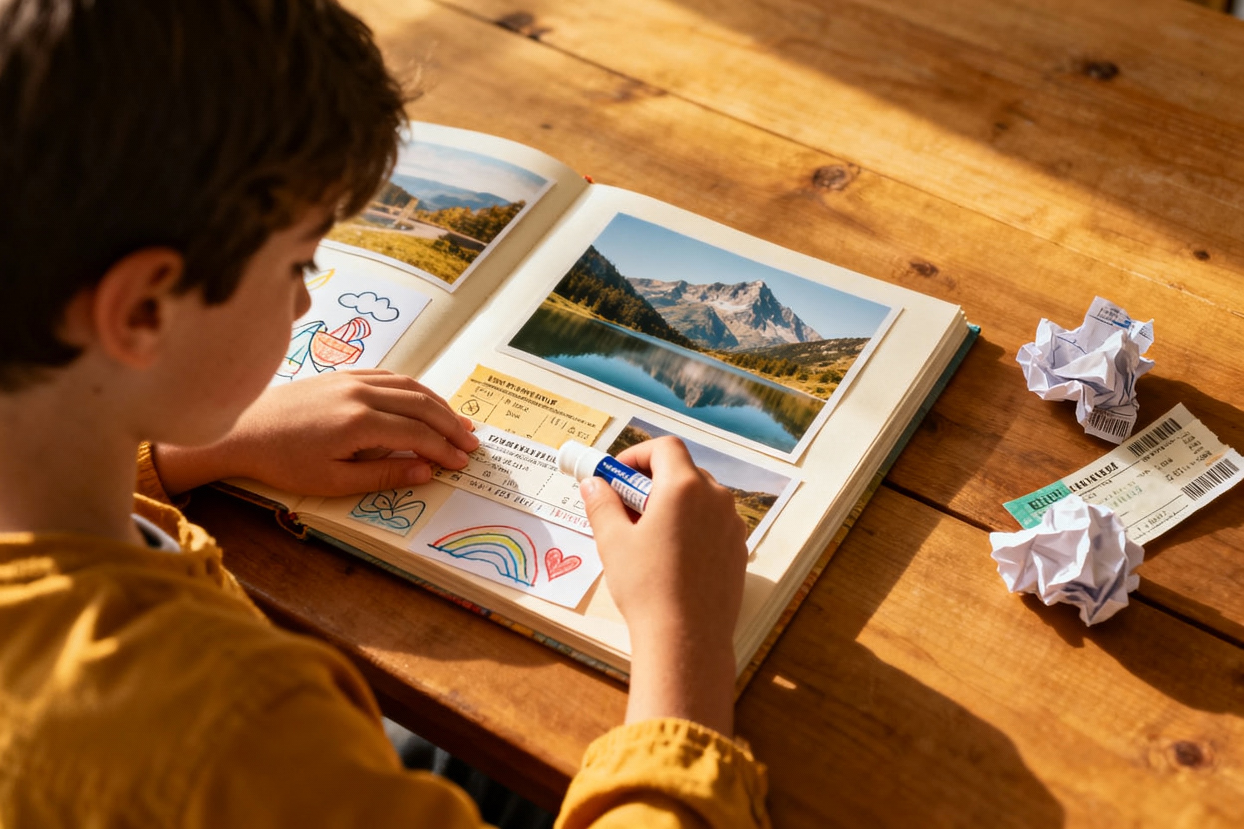 Enfant qui colle des tickets et des photos de montagne dans un album de vacances