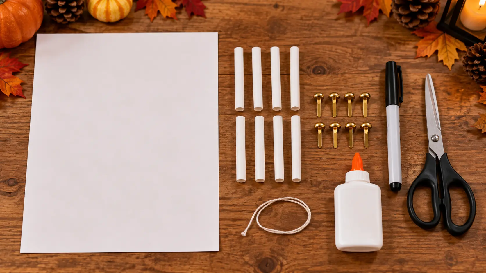 Matériel : carton blanc, 8 pailles papier, 8 attaches, perforatrice et colle