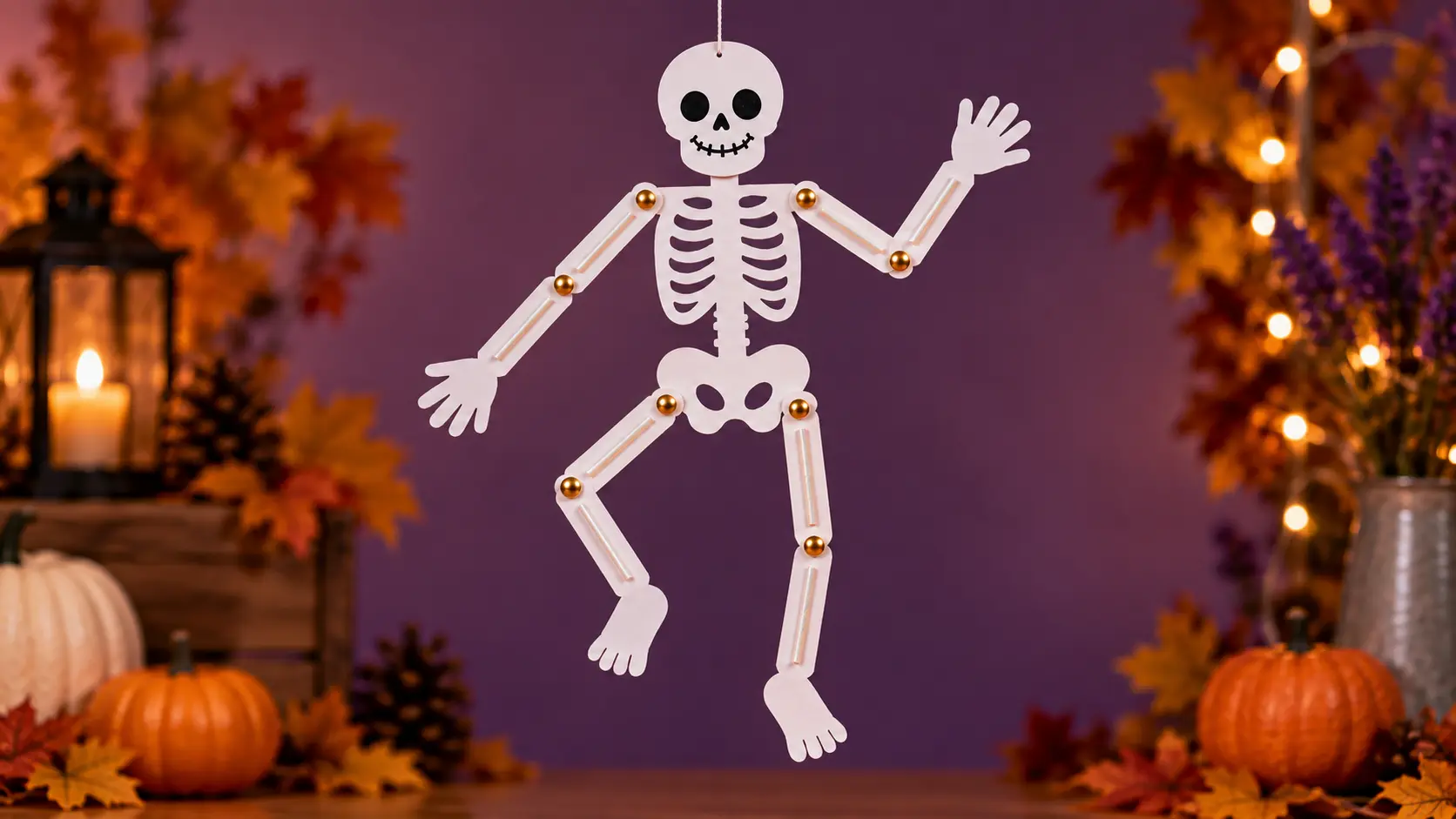 Squelette Halloween en carton et pailles suspendu avec huit attaches articulées