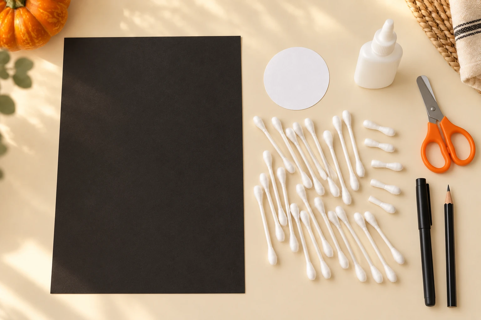 Carton foncé, cotons-tiges et tête blanche pour un squelette Halloween
