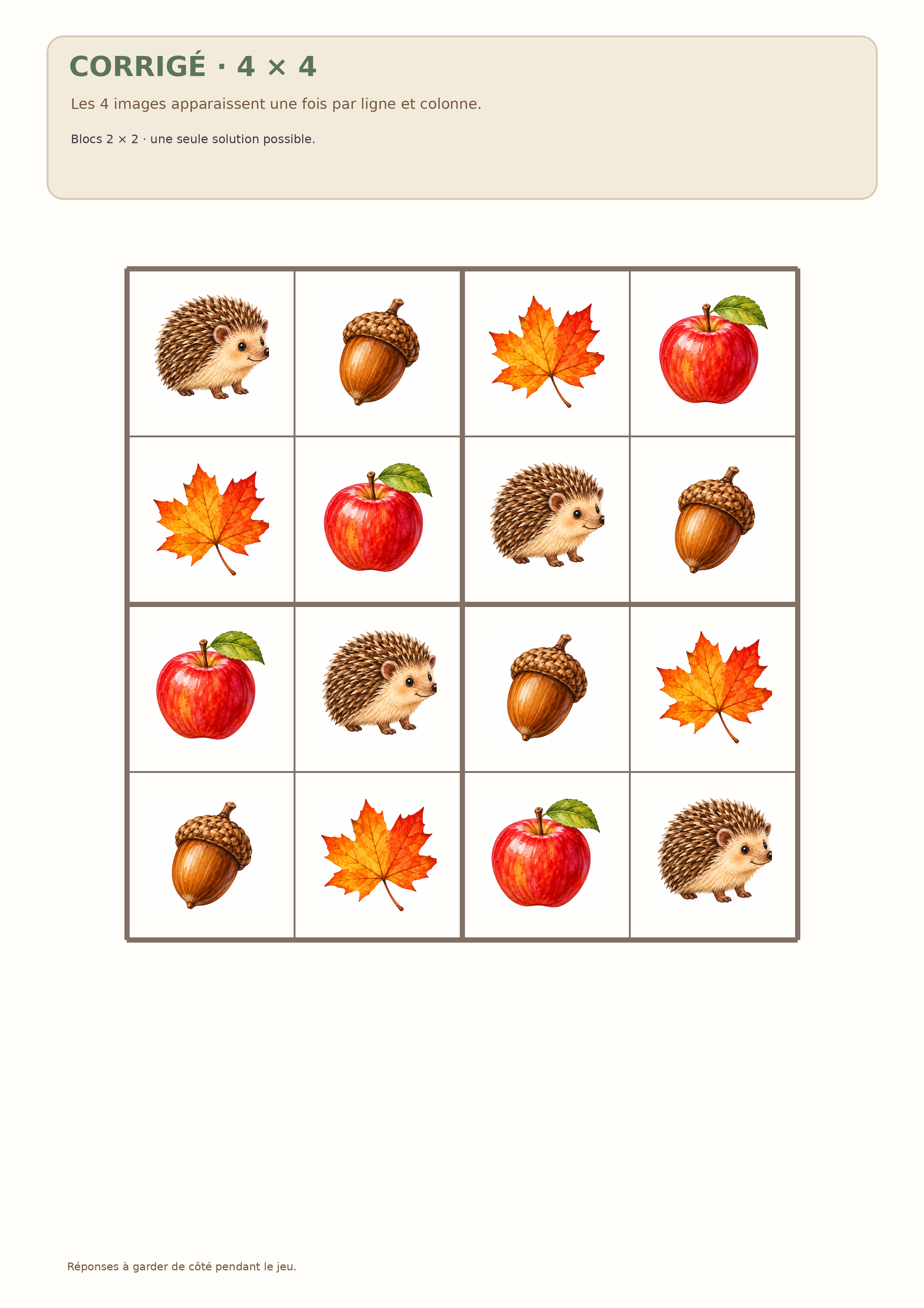 Corrigé complet du sudoku d’images 4 par 4