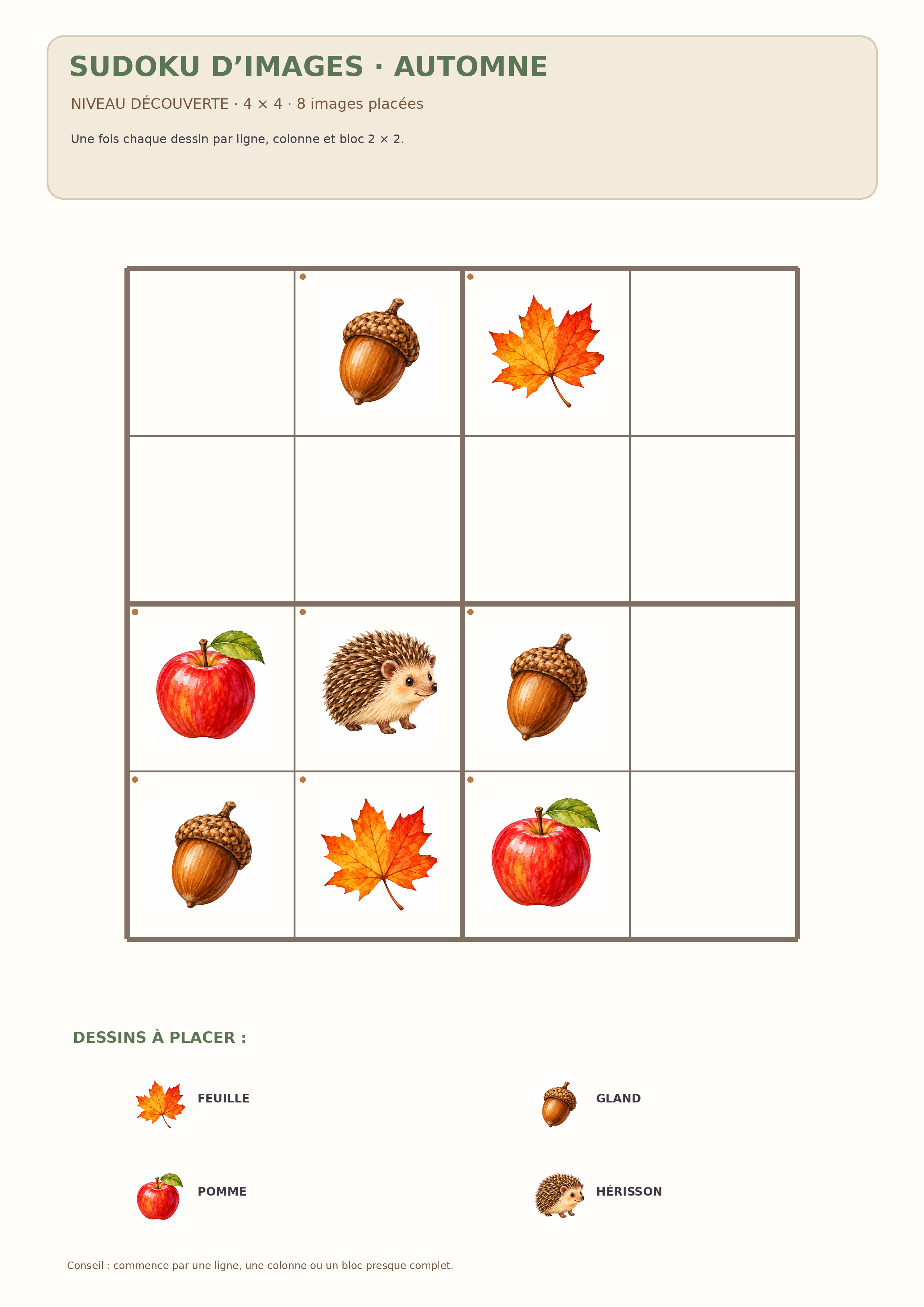 Sudoku d’images d’automne 4 par 4 avec huit indices illustrés