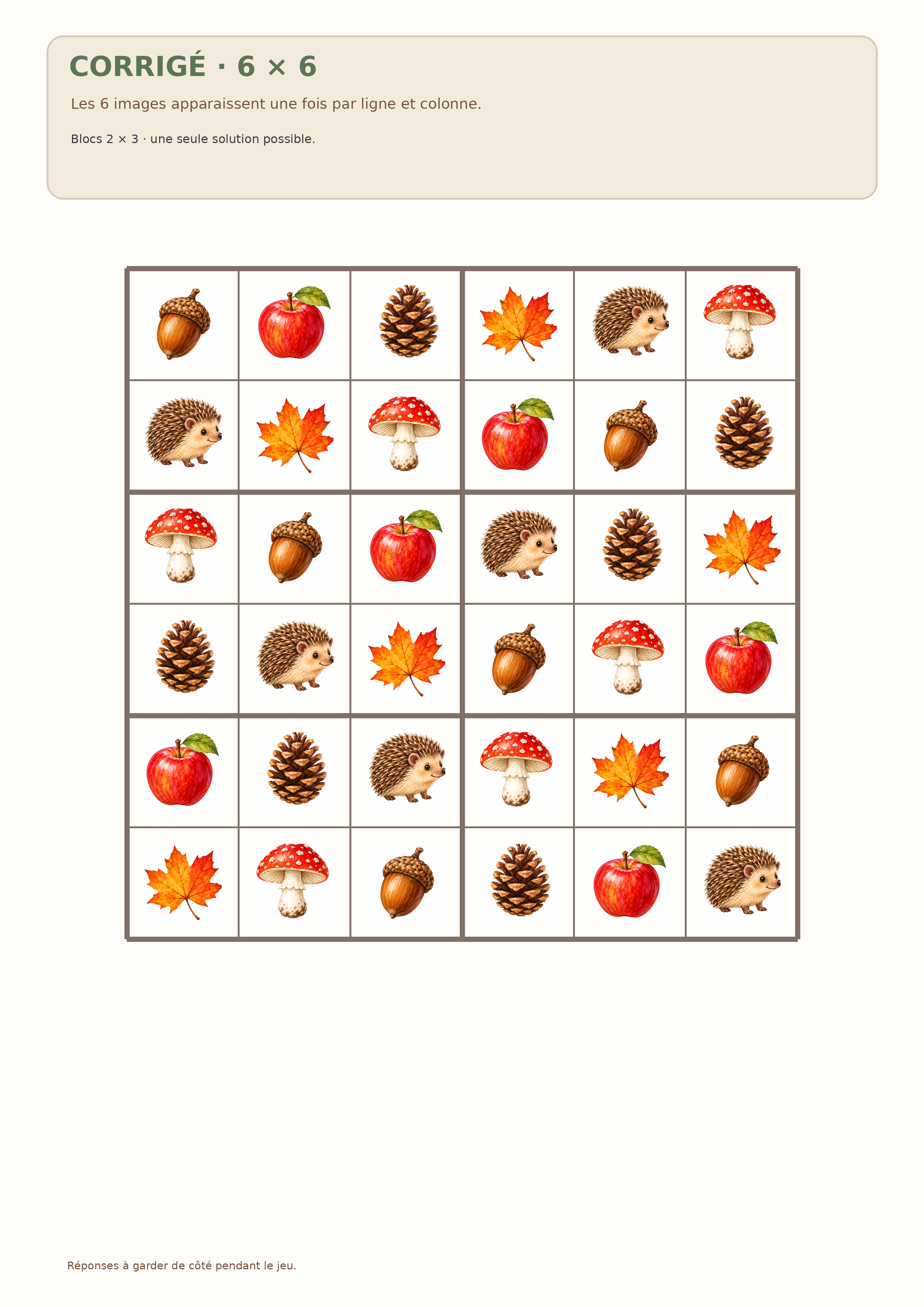 Corrigé complet du sudoku d’images 6 par 6