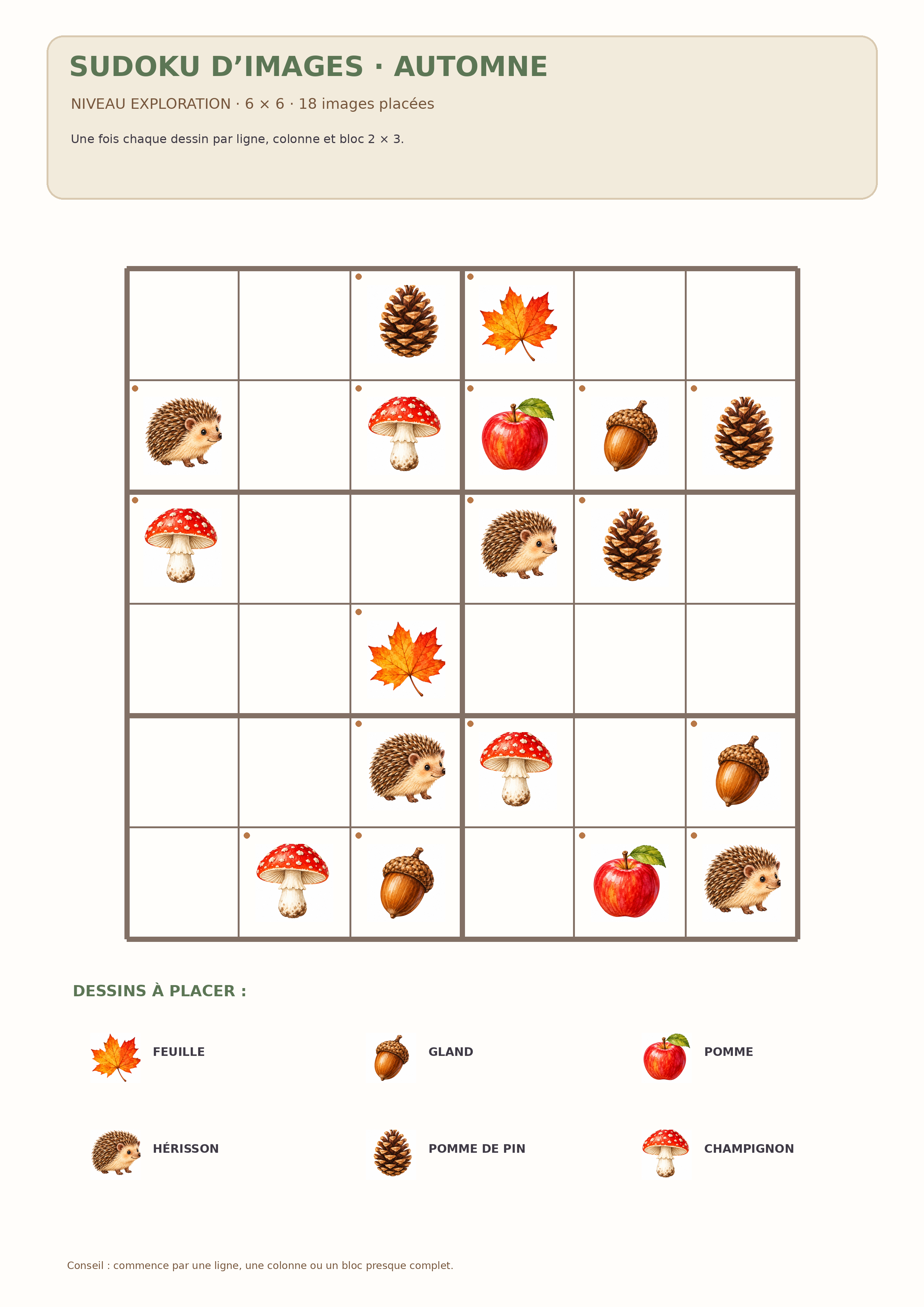 Sudoku d’images d’automne 6 par 6 avec six symboles et blocs de deux lignes par trois colonnes