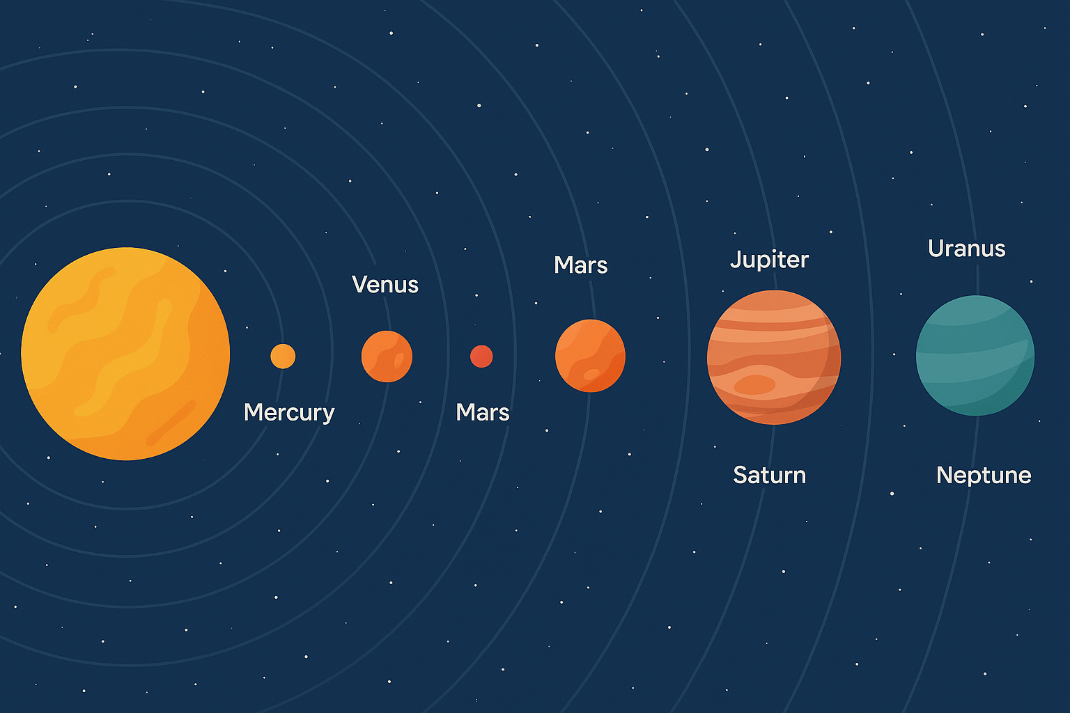 Illustration du Système solaire avec le Soleil et les 8 planètes en file