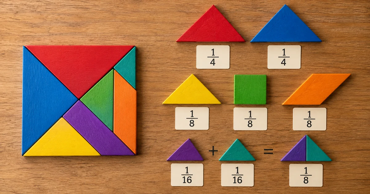 Tangram et fractions : quelle aire représente chacune des 7 pièces ?