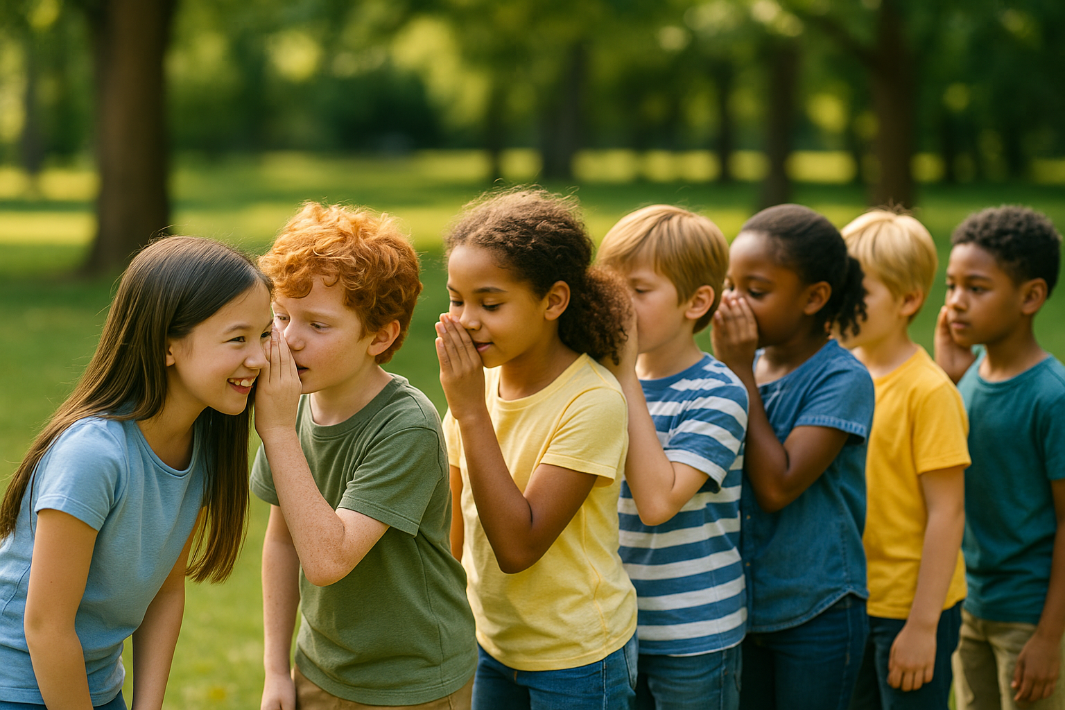 Enfants jouant au téléphone sans fil, exercice d'écoute active en extérieur