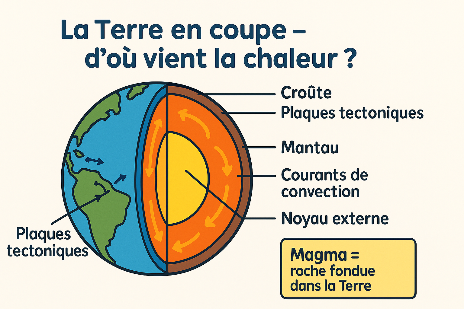 Schéma pédagogique : Terre en coupe avec croûte, manteau, noyau et flèches de convection