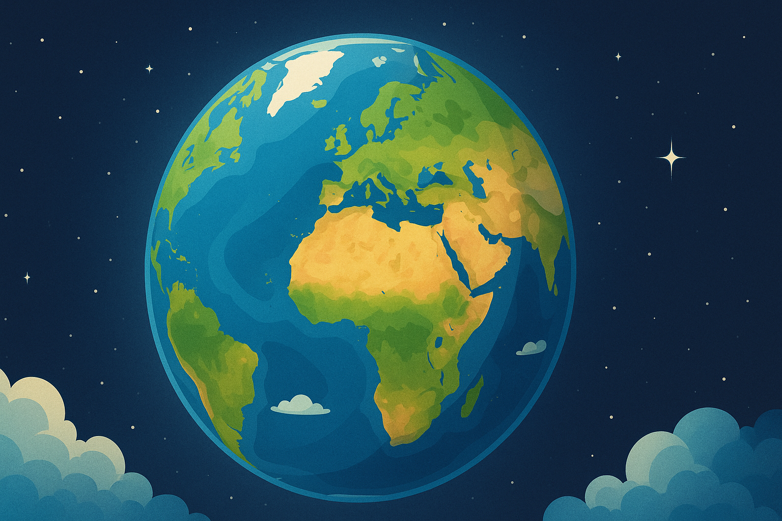 Planète Terre vue de l’espace avec continents, océans et ciel étoilé