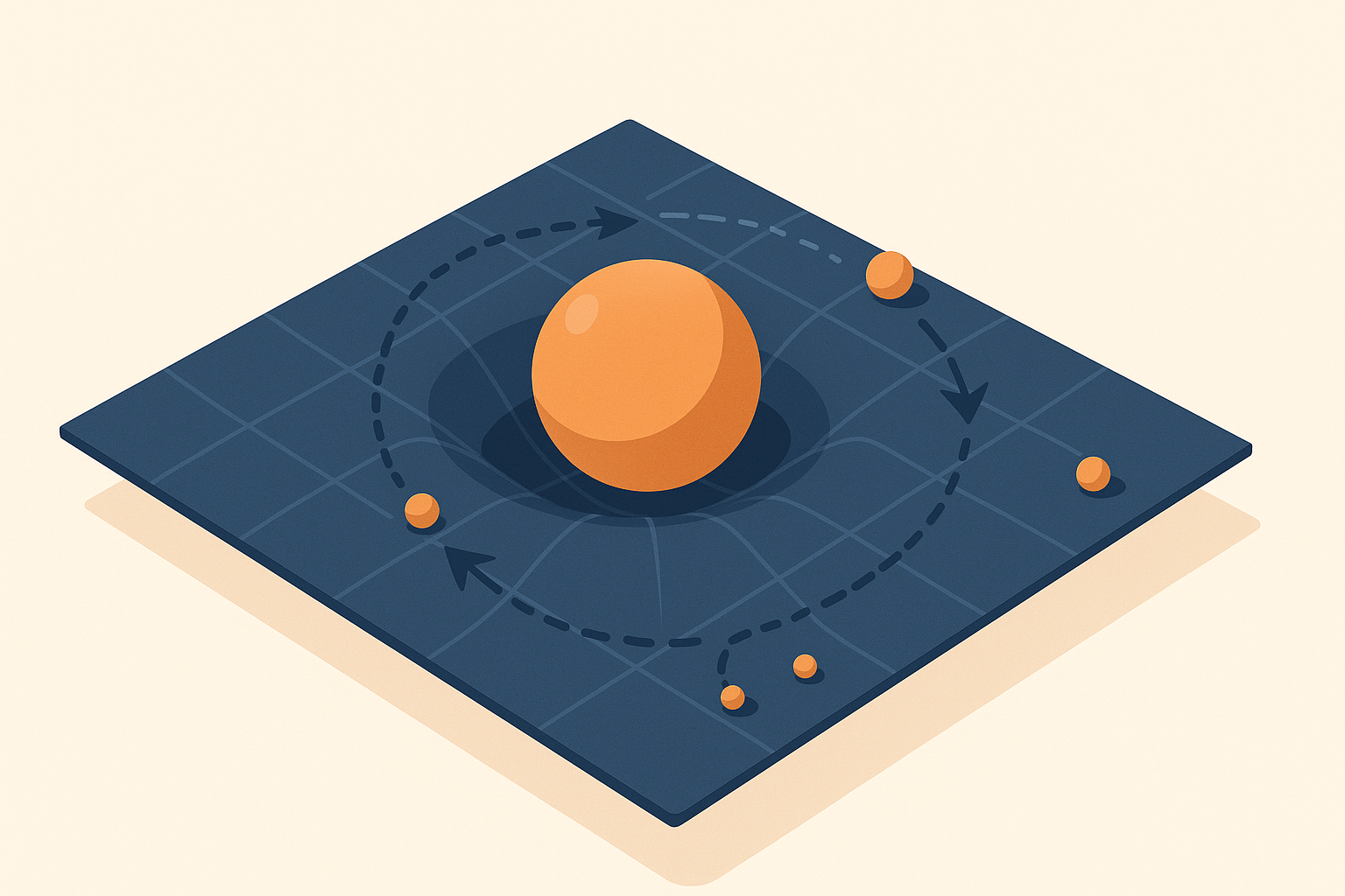 Illustration de la gravité : drap tendu avec une grosse sphère au centre et de petites billes en orbite.