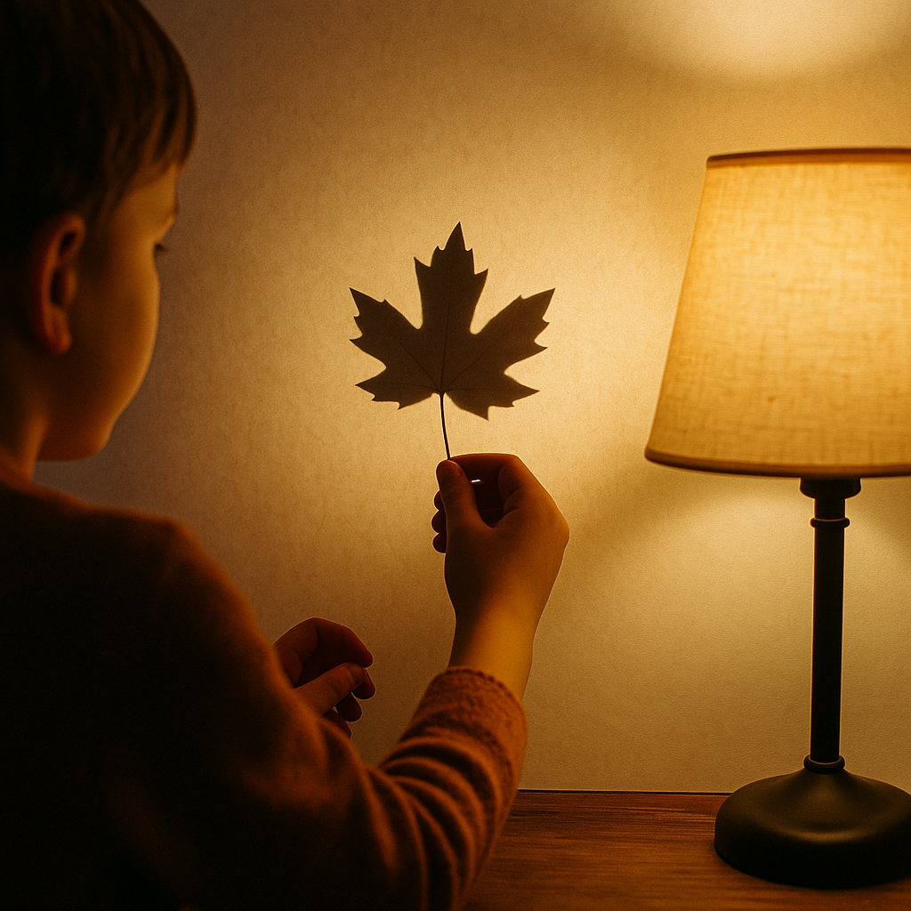 Enfant jouant au théâtre d’ombres avec des feuilles contre une lampe.