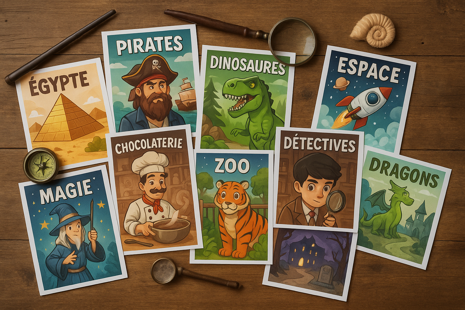 Sélection de scénarios d’escape game imprimés avec dix thèmes enfants.
