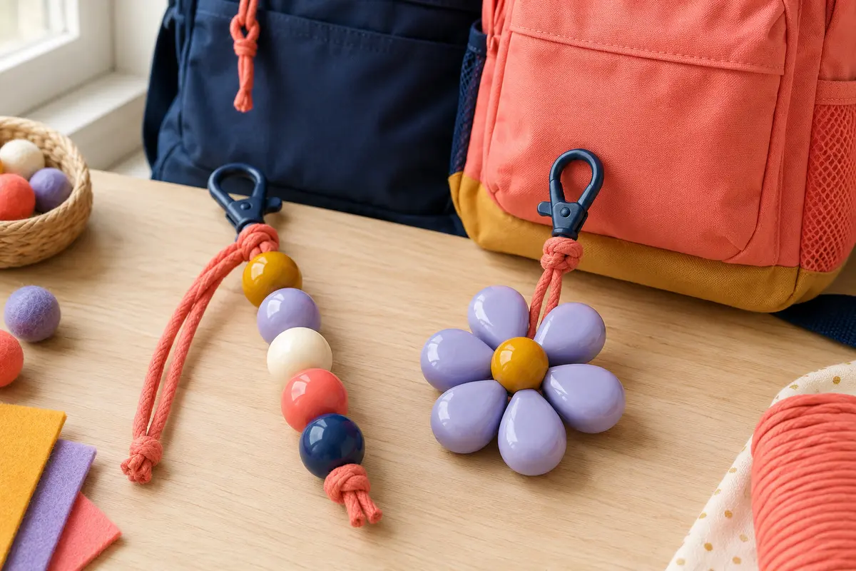 Bag charm DIY composé de grosses perles colorées sur un cordon de coton