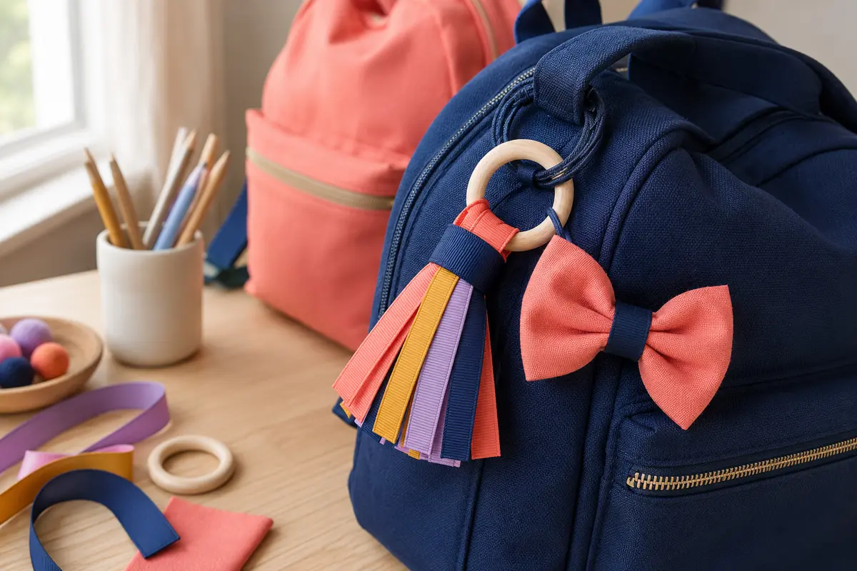Bag charm pompon fabriqué avec des rubans colorés noués sur un anneau