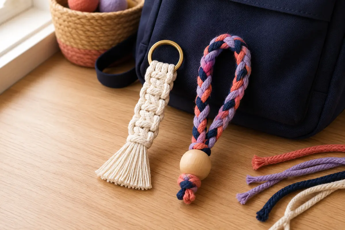 Mini bag charm en macramé avec quatre nœuds plats et frange courte