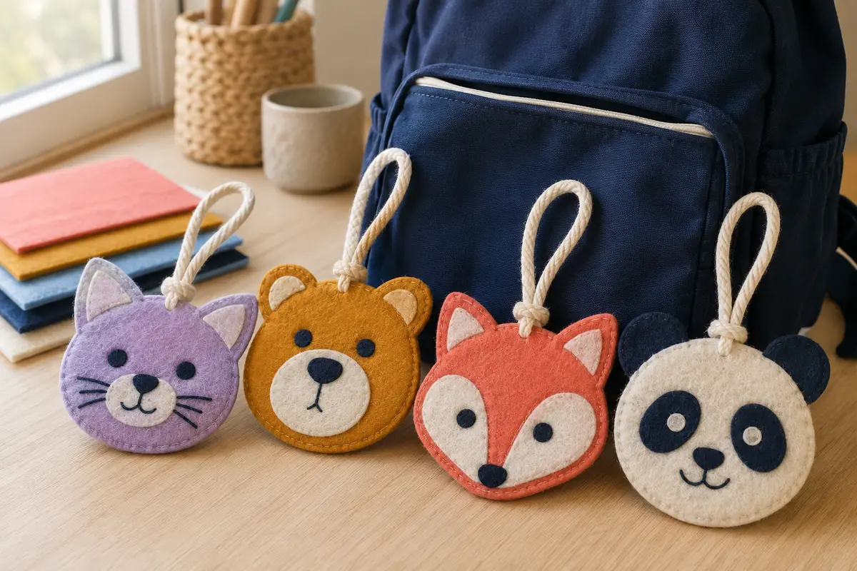 Bag charms en feutrine représentant un chat un ours et un renard simplifiés