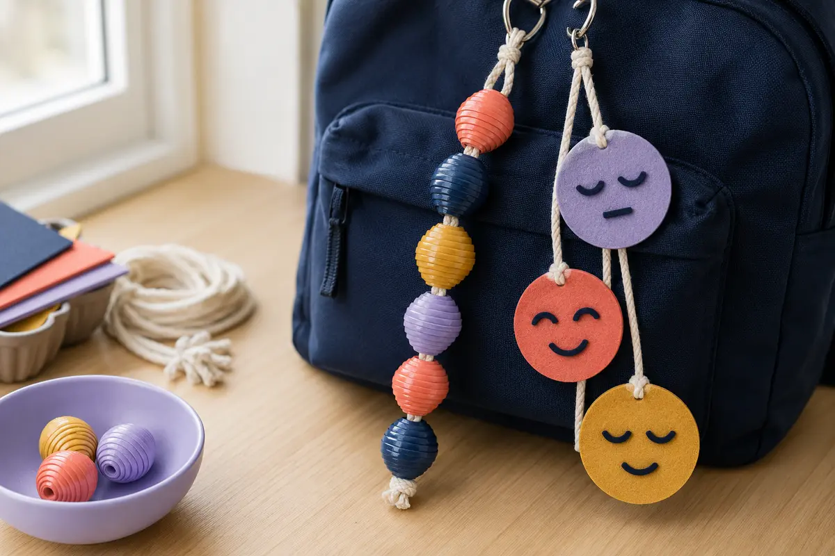 Bag charm composé de grandes perles artisanales roulées dans du papier coloré