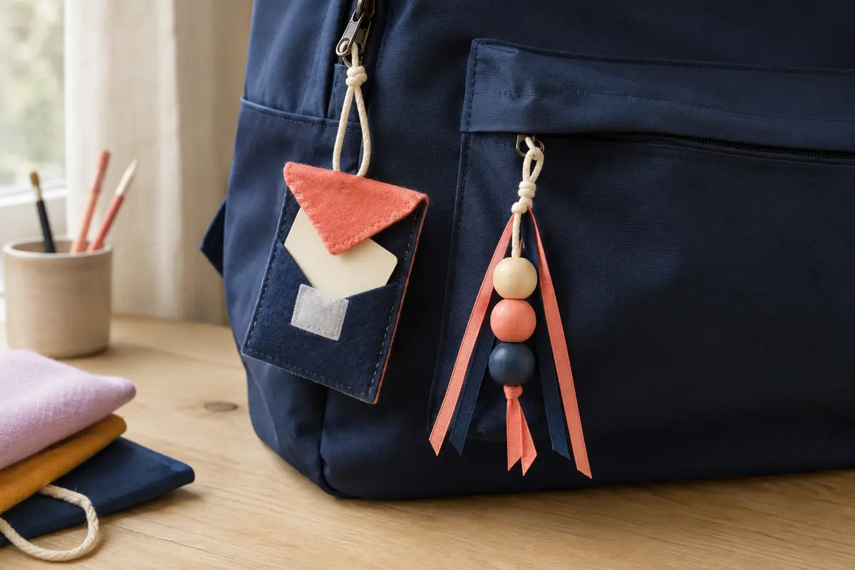 Bag charm mini-enveloppe en feutrine contenant un petit carton sans texte