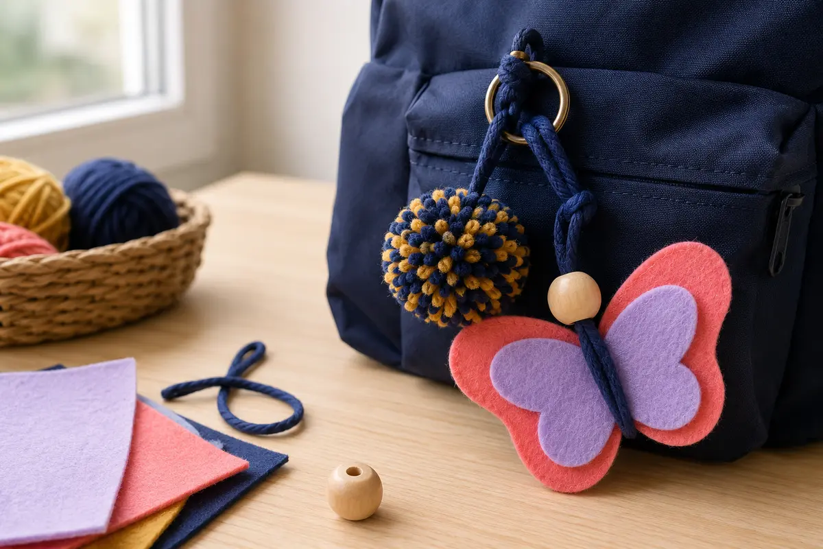 Bag charm avec petit pompon dense en laine et boucle de cordon renforcée