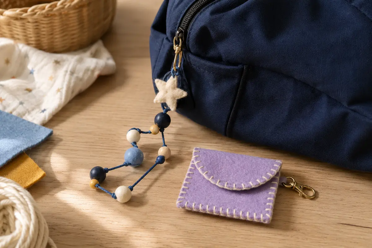 Bag charm bleu nuit avec grosses perles reliées comme une constellation simplifiée