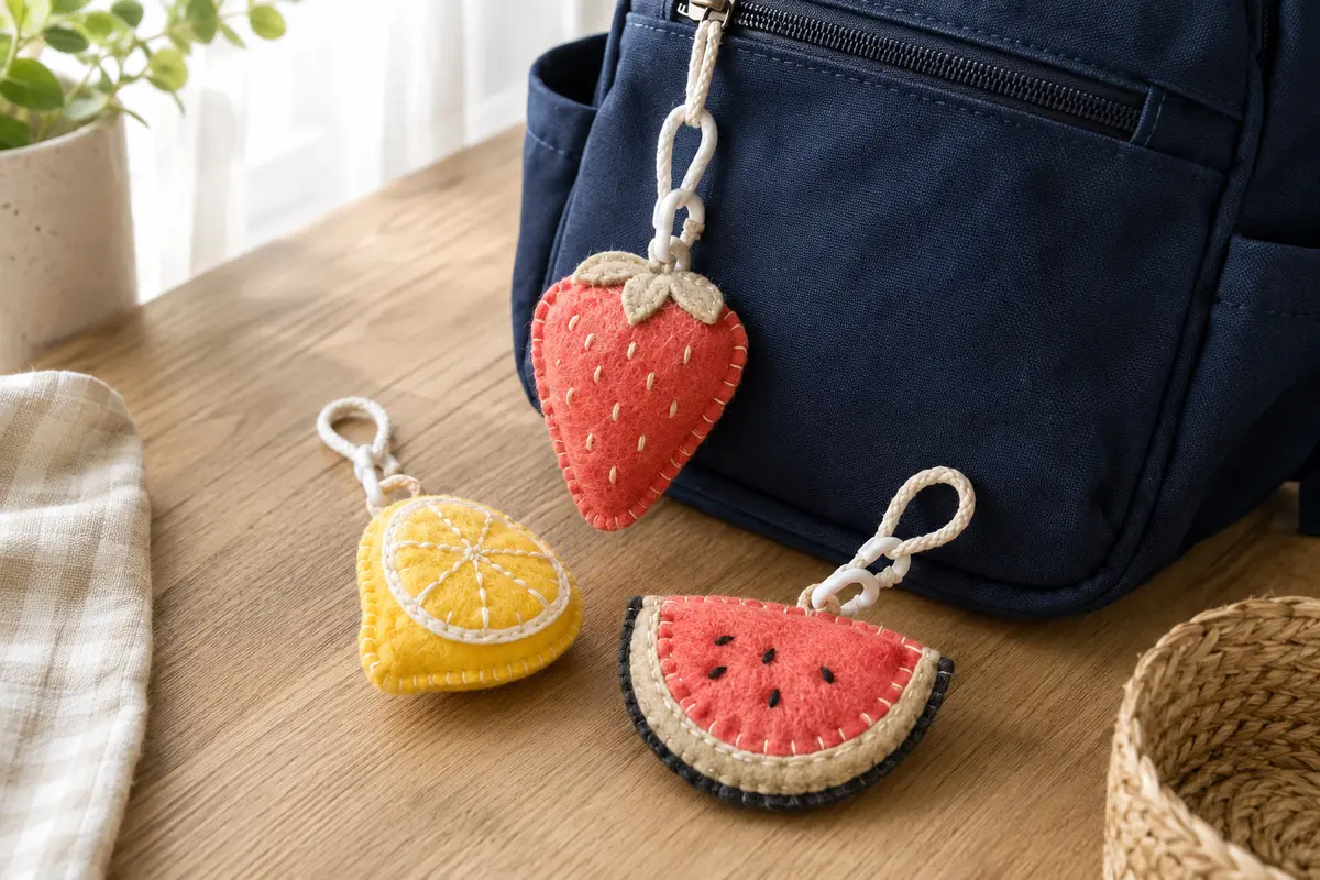 Bag charms fruits en feutrine représentant citron fraise et pastèque