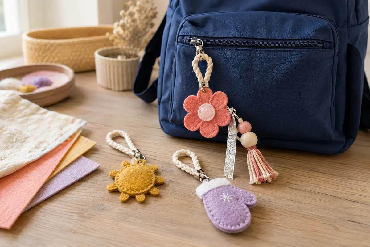 Quatre bag charms saisonniers interchangeables en feutrine sur mousquetons