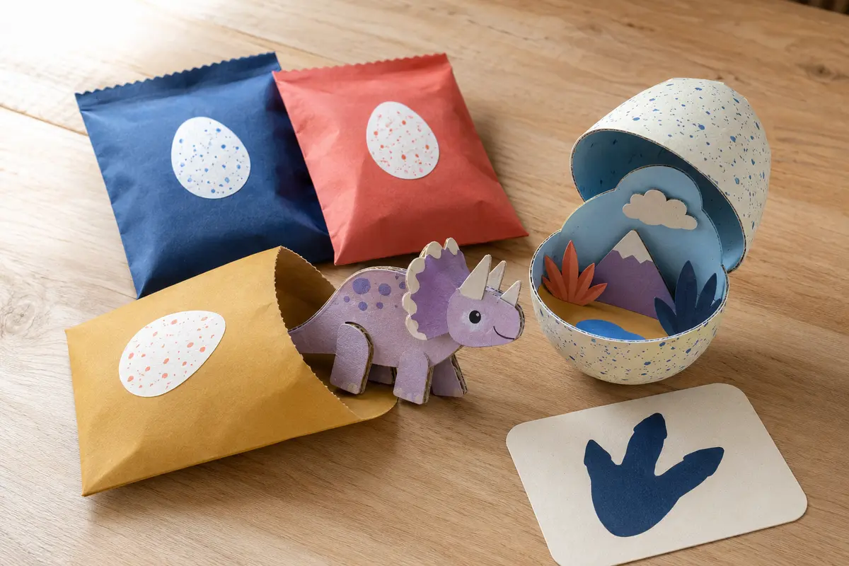 Pochette surprise dinosaure avec œuf en papier qui s’ouvre et figurine en carton